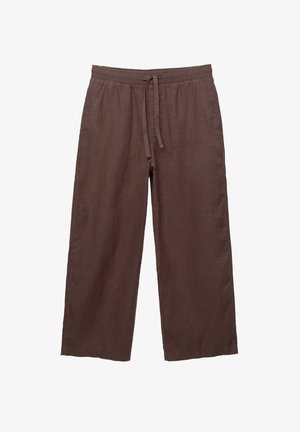 Pantalons en lin marron à jambes larges avec une taille élastique, dotés de deux poches latérales et d'un tissu léger et texturé.