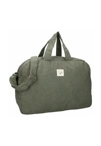 Πράσινη χνουδωτή τσάντα ντουφλέ με διπλούς χερούλια και ρυθμιζόμενο λουρί ώμου, φέρει μια μικρή ετικέτα της μάρκας Kidzroom στο μπροστινό μέρος.