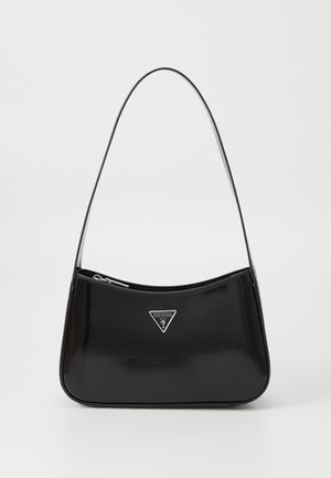 Black patent leather shoulder bag with a curved shape, featuring a silver triangle logo and a zipper closure. Smooth texture and slim strap.