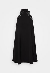 Svart ärmlös klänning med hög hals, med spetsdetaljer på axlarna och en flödande A-linjeform. Lättviktig tygkvalitet.