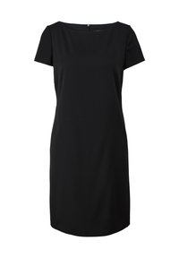 Schwarzes kurzärmeliges Kleid mit geradem Schnitt, U-Boot-Ausschnitt und feiner Struktur. Verfügt über einen Reißverschluss auf der Rückseite und einen knielangen Saum.