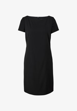 Czarna sukienka z krótkim rękawem o prostym kroju, z dekoltem łódka i subtelną teksturą. Wyposażona w zamek błyskawiczny z tyłu oraz długość do kolan.