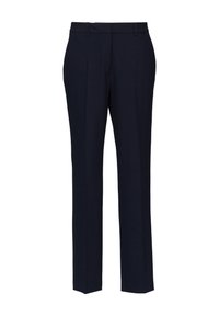 Pantalons ajustés bleu marine avec une taille plate, deux poches latérales et une coupe droite avec une texture subtile.