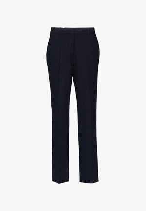 Navy blue tailored trousers featuring a flat front, two side pockets, and a straight leg design with a subtle texture.