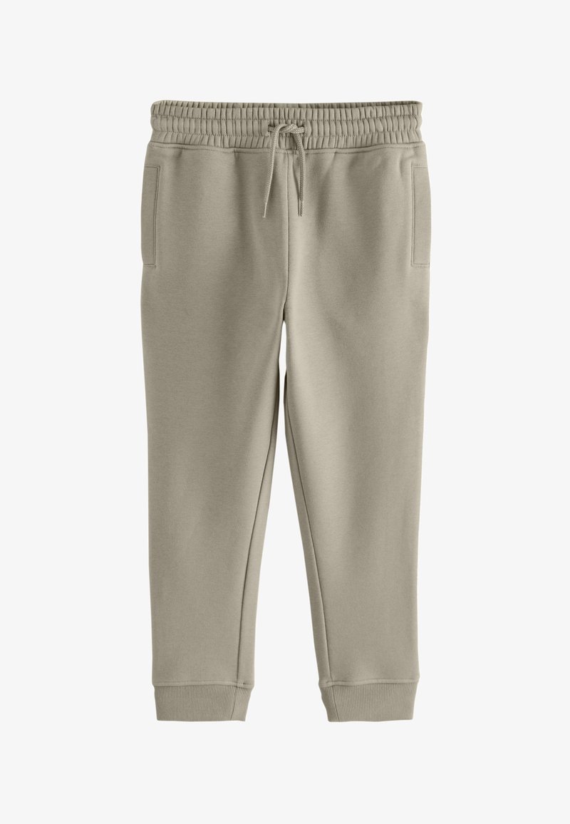 Helle beige Jogginghosen aus weichem Material, mit elastischem Bund und Kordelzug, zwei Seitentaschen und gerippten Bündchen.
