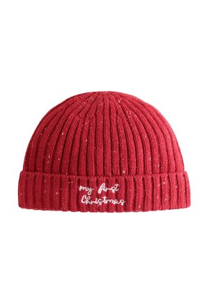 Red ribbed knit baby hat with folded brim embroidered with white text reading "my first Christmas" on the front.