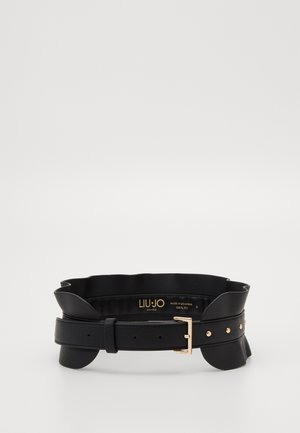 Ceinture large noire avec bords froncés, boucle dorée et détails cloutés, étiquetée Liu Jo Milano, fabriquée en 100 % PU, taille petite.