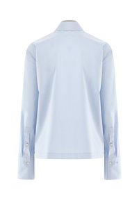 Camicia azzurra a maniche lunghe con colletto, texture liscia e chiusura con bottoni ai polsini. Design semplice e pulito senza motivi.