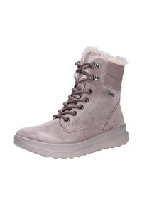 Taupe ankelstøvler i ruskind med blød faux fur kant, metaløjer og snørebåndsdesign. Rund tå og kraftig gummisål.