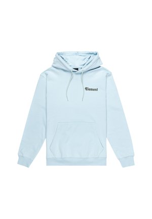 Light blue sweatshirt with a hood, front kangaroo pocket, and "Element" logo in dark gray on the chest. Soft fabric, ribbed cuffs.