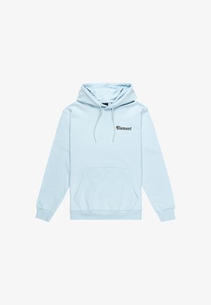 Svetlomodrá mikina s kapucňou, predná kengurská vrecko a tmavosivá logo "Element" na hrudníku. Mäkka tkanina, rebrované manžety.