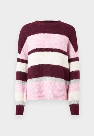 Lilla og rosa stripete genser med rund hals. Laget av mykt, teksturert stoff. Har horisontale striper i ulike farger.