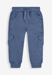Blå joggbyxor i jersey med dragsko i midjan, två framfickor och sidofickor i cargo-stil. Mjuk textur med en något melerad yta.