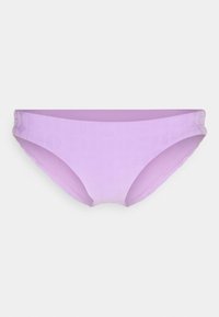 Parte de baixo de bikini roxa com textura suave, apresentando um elegante padrão discreto. Tem um corte baixo e cobertura média para conforto.