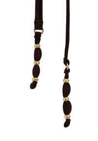 Embouts en tissu marron ornés de perles et anneaux métalliques dorés, conçus pour des usages décoratifs ou de fixation.