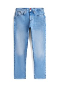 Jean en denim bleu clair à coupe slim, avec cinq poches, fermeture par bouton et fermeture éclair, et un léger délavage sur les cuisses et les genoux.