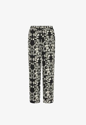 Fekete nadrág fehér virágmintával, puha anyagból készült. Rugalmas derékrésszel és laza fazonnal rendelkezik, alkalmas hétköznapi viseletre.