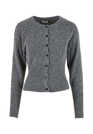 Szary sweter z dzianiny z okrągłym dekoltem, długimi rękawami i zapięciem na guziki. Posiada żebrowany dół i mankiety dla urozmaicenia tekstury.