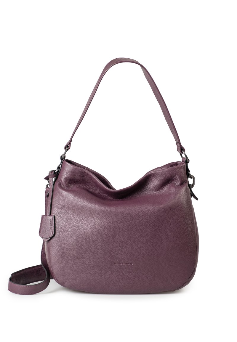 Purple leather handbag with a soft, textured finish and a slouchy design. Features a single strap and a subtle logo detail.
