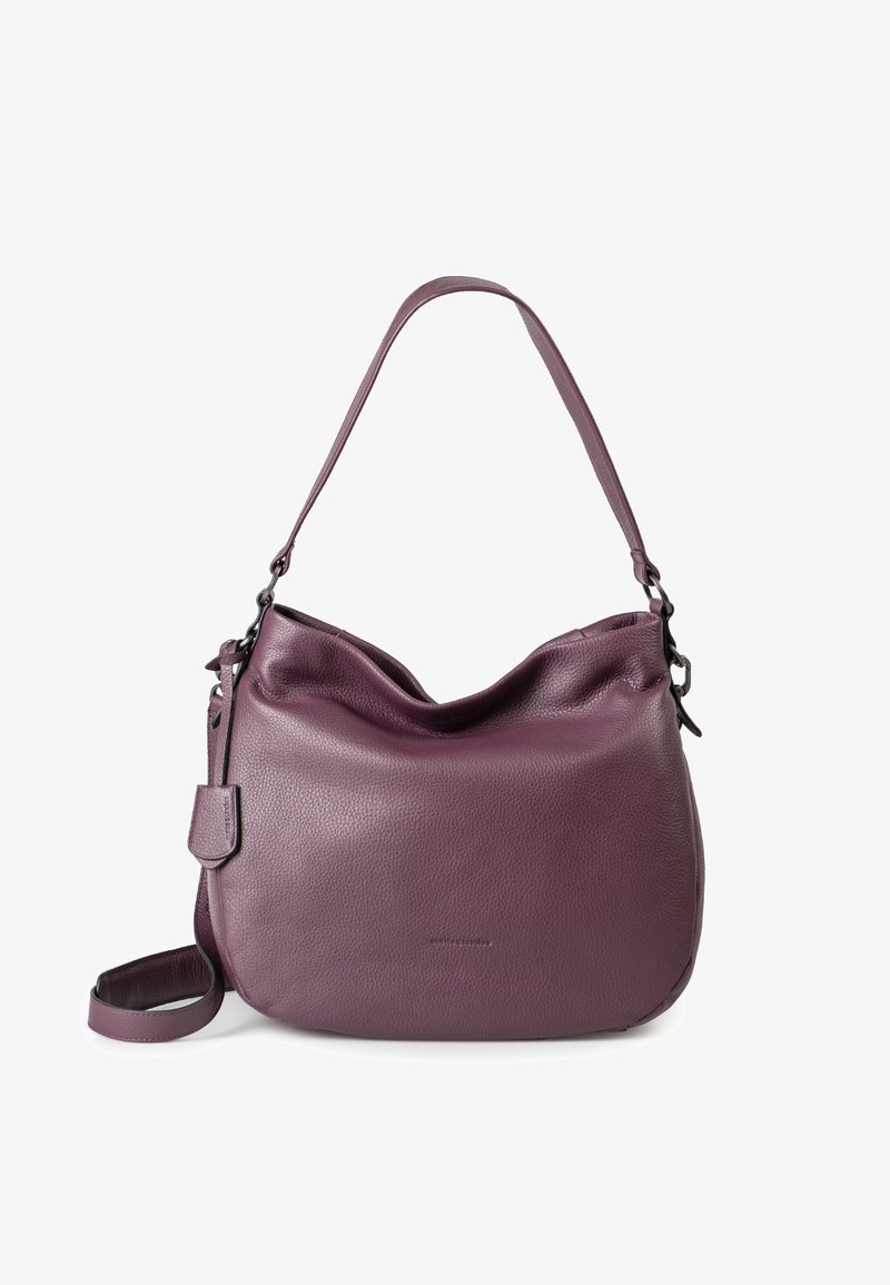 Lila Lederhandtasche mit einer weichen, strukturierten Oberfläche und einem lässigen Design. Verfügt über einen einzelnen Träger und ein dezentes Logo-Detail.