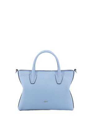 Helle blaue Lederhandtasche mit strukturiertem Finish, klarer Form, zwei Griffen und einem Reißverschlussverschluss, verziert mit schwarzem Rand und Logodetail.