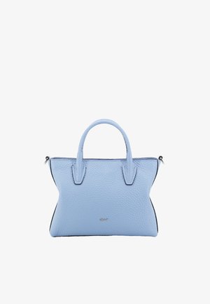 Helle blaue Lederhandtasche mit strukturiertem Finish, klarer Form, zwei Griffen und einem Reißverschlussverschluss, verziert mit schwarzem Rand und Logodetail.