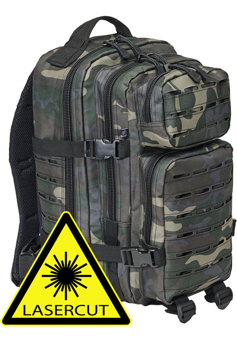 Camo backpack with multiple compartments, durable fabric, zip closures, laser-cut accents, and a mesh back panel for ventilation.