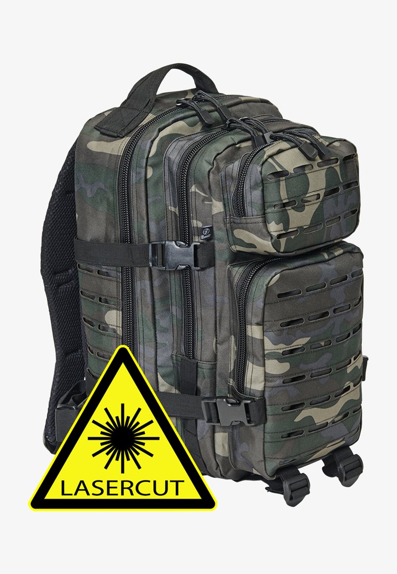 Camo backpack with multiple compartments, durable fabric, zip closures, laser-cut accents, and a mesh back panel for ventilation.