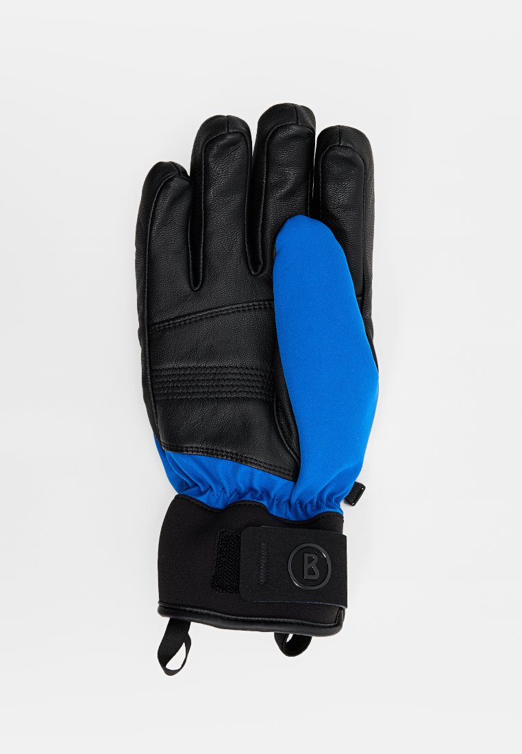 Schwarze Lederhandschuhe mit blauen Textilpanel, gerippter Textur, elastischem Handgelenkbund und verstellbarem Riemen mit Logo. Fünf-Finger-Design.
