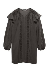 Robe gris foncé avec manches ballon, détails en dentelle sur le devant et silhouette ample de style tunique. Tissu doux et texturé.