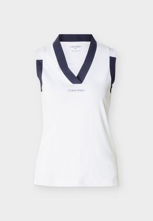 Bílý golfový top bez rukávů s tmavě modrým lemováním výstřihu do V a bočními panely, na hrudi a uvnitř límce s logem "Calvin Klein".