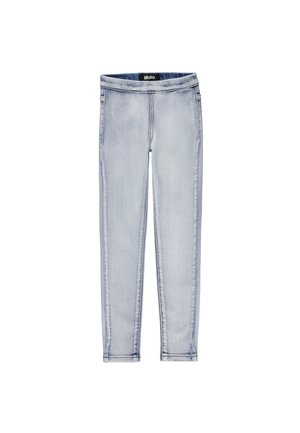 Jasnoniebieskie jeansy slim fit z elastycznym pasem, subtelnym blaknięciem i bez widocznych kieszeni czy guzików.