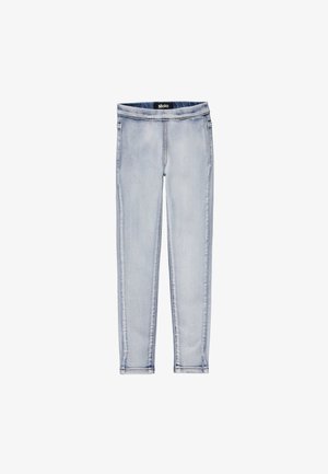 Lyseblå slimfit-jeans med elastisk talje, subtil falming og uden synlige lommer eller knapper.