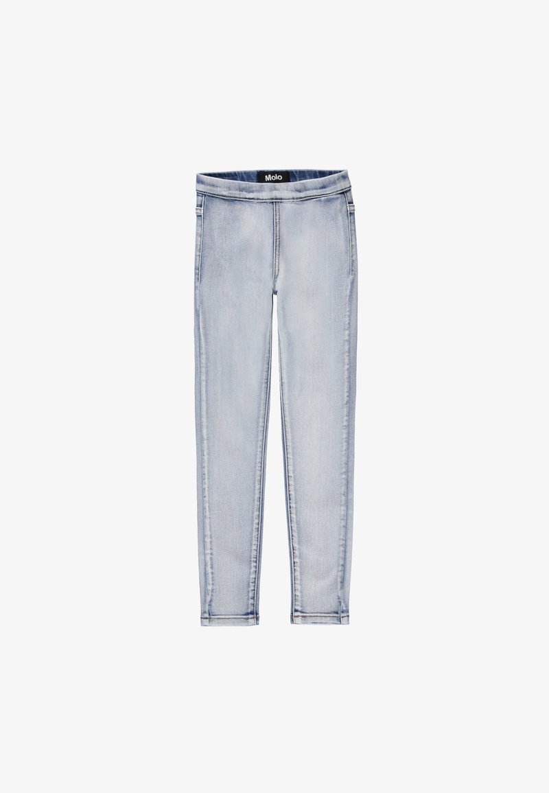 Jean slim bleu clair avec taille élastique, délavage subtil et sans poches ni boutons visibles.