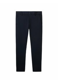 Pantalons bleu marine en tissu lisse, dotés d'une fermeture à bouton, de passants de ceinture et de deux poches avant. Conception ajustée à jambes droites.