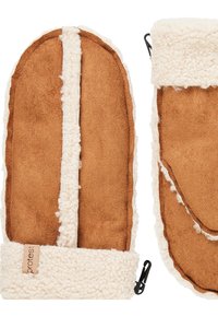 Hnědé semišové rukavice s krémovou načechranou podšívkou a lemem, se složeným manžetou a klipem pro bezpečné upevnění.