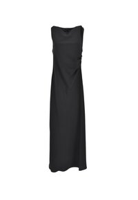 Vestito nero senza maniche realizzato in tessuto morbido, con dettaglio drappeggiato sul lato e lunghezza a metà polpaccio. Design semplice ed elegante.