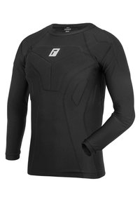 T-shirt de sport noir à manches longues en tissu élastique, présentant un design ajusté avec des accents texturés et un petit logo sur la poitrine.