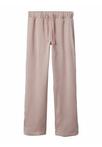 Helle rosa weitgeschnittene Hose aus strukturiertem Stoff. Mit einem elastischen Bund und einem Kordelzug sowie umgeschlagenen Säumen für eine lässige Passform.