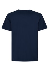 Tmavě modré bavlněné tričko s krátkým rukávem, kulatým výstřihem a jednolitým designem. Žádné vzory ani viditelné loga na zadní straně.