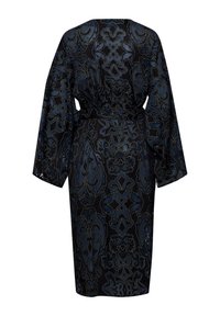 Zwarte jurk met een ingewikkeld blauw en gouden bloemenpatroon, lange mouwen, een relaxte pasvorm en een verstelbare tailleband aan de achterkant.