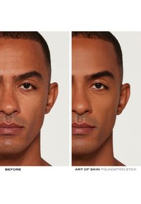 Before and after images of a face showcasing clear skin. Left side shows natural texture, while right side features a smooth finish with foundation.