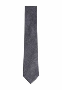 Sivi pleteni kravata, uskog dizajna, teksturirana tkanina, šiljasti vrh. Pogodna za formalne prilike, nudi klasičnu, svestranu estetiku.