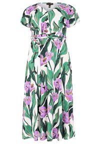 Blommig klänning med vit botten, gröna löv och lila blommor. Utsvängda ärmar och en knytbeltdetalj i midjan. Lättviktig tyg.