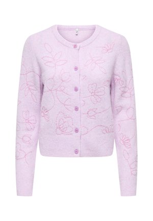 Cardigan violet clair boutonné avec manches longues et broderie florale rose subtile sur le devant, les manches et les épaules.