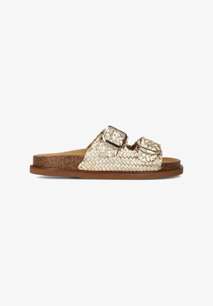 Gevlochten metalen slipper sandalen met twee verstelbare gespen, een kurken voetbed en een tan rubberen zool voor extra comfort en ondersteuning.