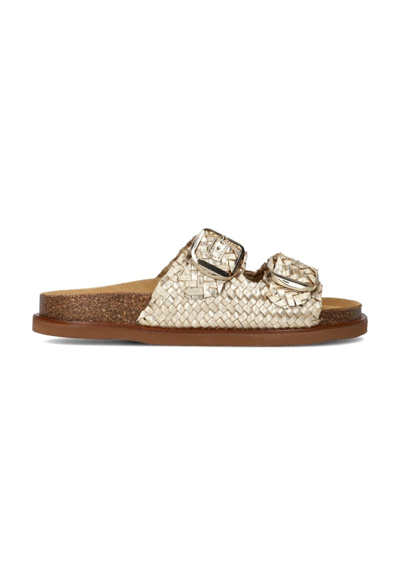 Woven metallic slide sandals with two adjustable buckles, a cork footbed, and a tan rubber sole for added comfort and support.