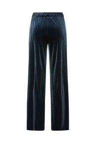 Pantalon large en velours bleu foncé avec une taille élastique et une texture lisse, présentant un design simple sans poches ni ornements.
