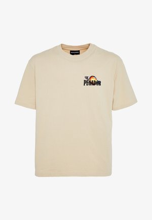 Beige cotton t-shirt with a crew neck, short sleeves, and a graphic print featuring "PEGADOR" and a colorful planet design on the chest.