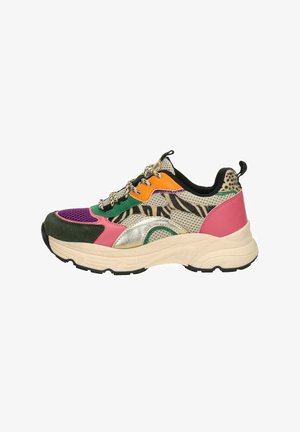 Colorful sneaker featuring a mix of materials: green suede, metallic silver accents, pink and purple panels, and a textured leopard print.